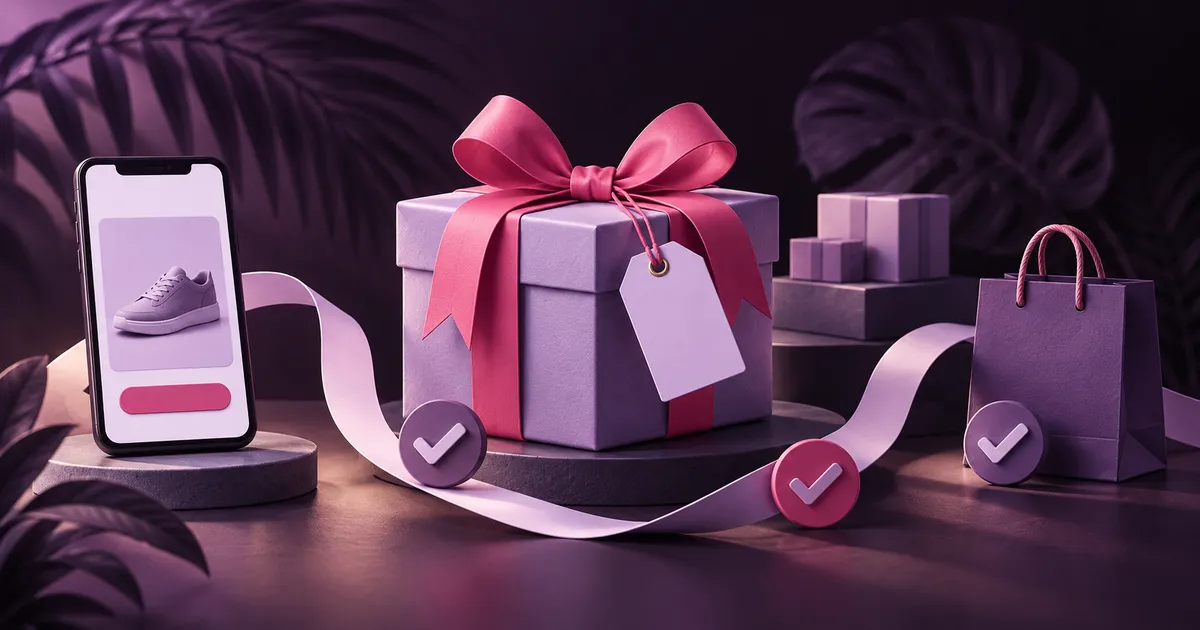 Illustration du cas fictif : coffret cadeau lavande, étiquette vierge et téléphone reliés à un sac de boutique par un ruban rose