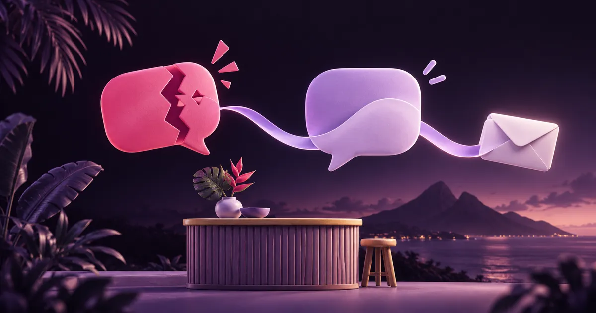 Illustration du cas fictif : des bulles de dialogue rose et lavande reliées à une enveloppe privée au-dessus d’un comptoir